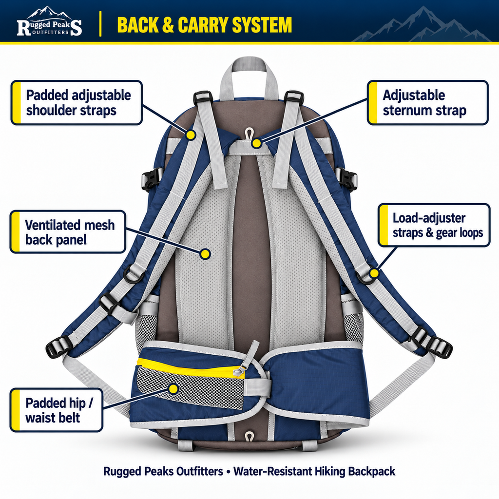 Back and carry system of the Rugged Peaks 45L backpack with ventilated padded back panel and adjustable straps