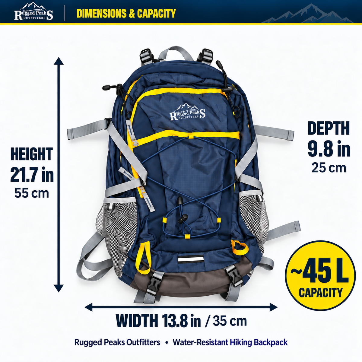 Dimensions and 45L capacity of the Rugged Peaks hiking backpack