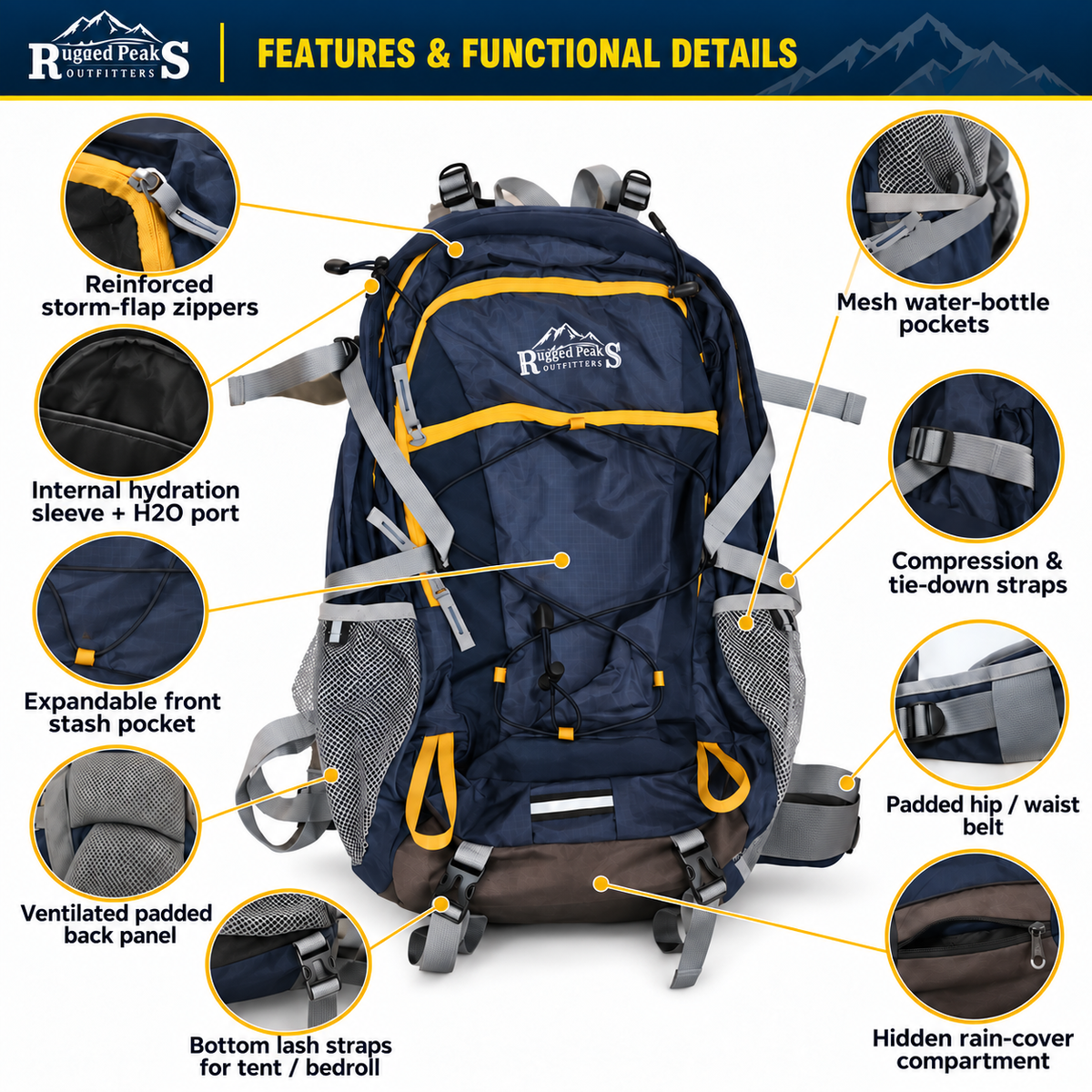 Rugged Peaks 45L backpack feature callouts: pockets, reinforced zippers, and straps