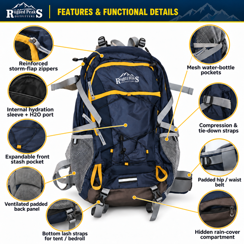 Rugged Peaks 45L backpack feature callouts: pockets, reinforced zippers, and straps