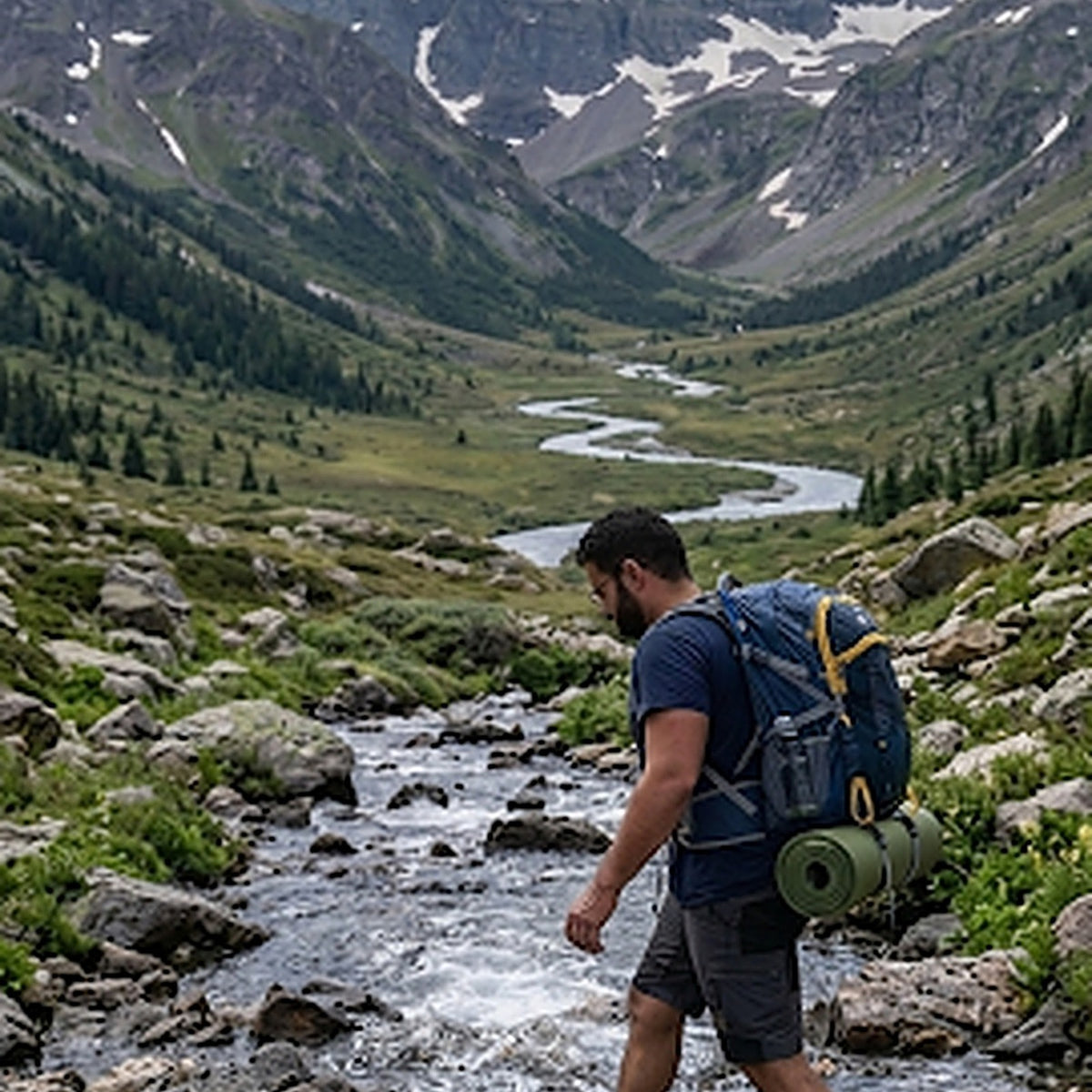 Hiker crossing a mountain stream wearing the Rugged Peaks 45L backpack