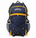 Rugged Peaks 45L hiking backpack, front view, navy blue with gold accents