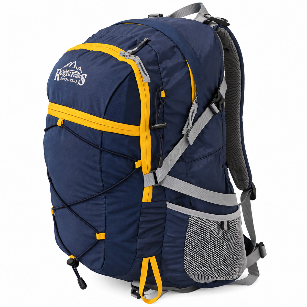 Side profile of the Rugged Peaks 45L backpack showing mesh water bottle pockets