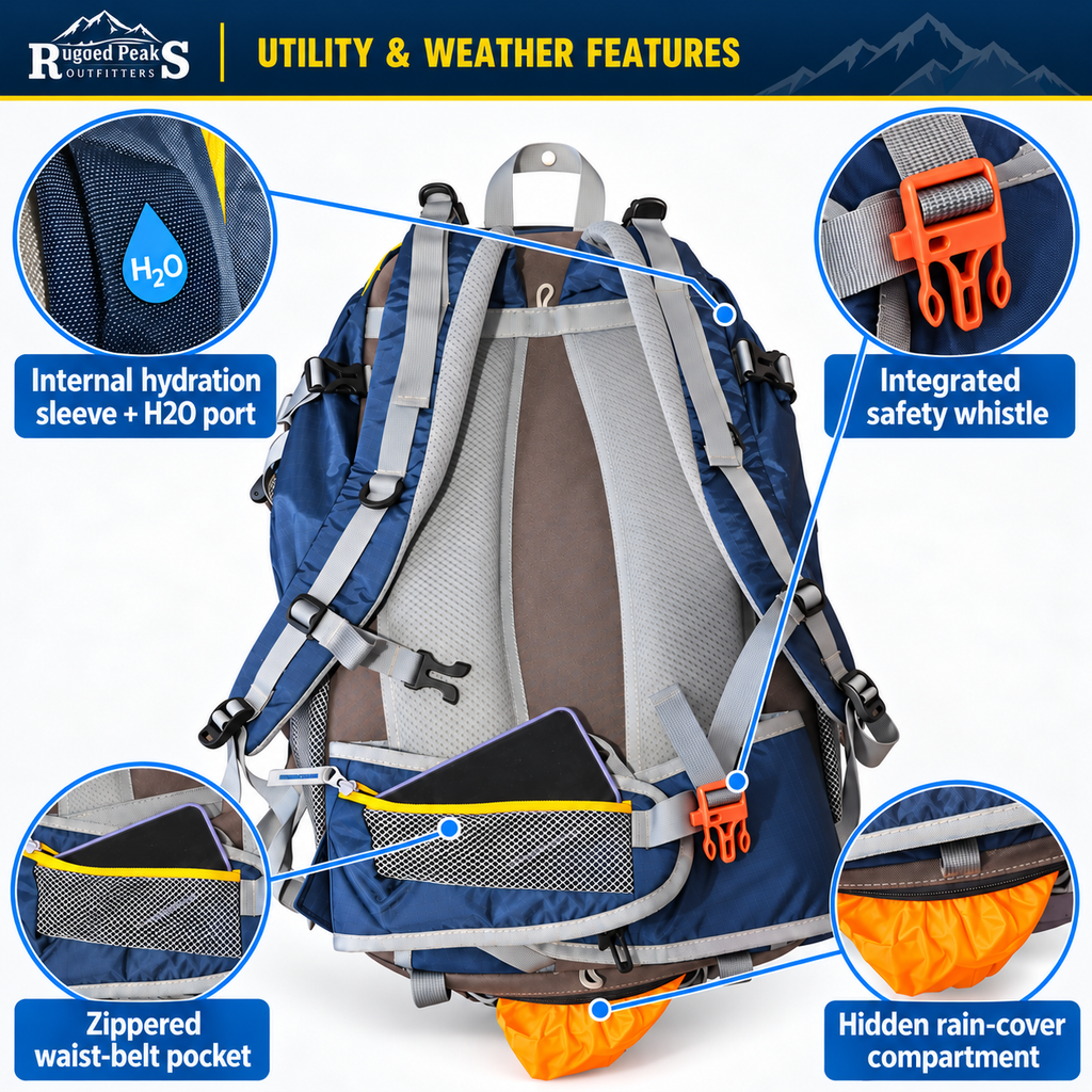 Weather and utility features of the Rugged Peaks 45L backpack including the pull-out rain cover