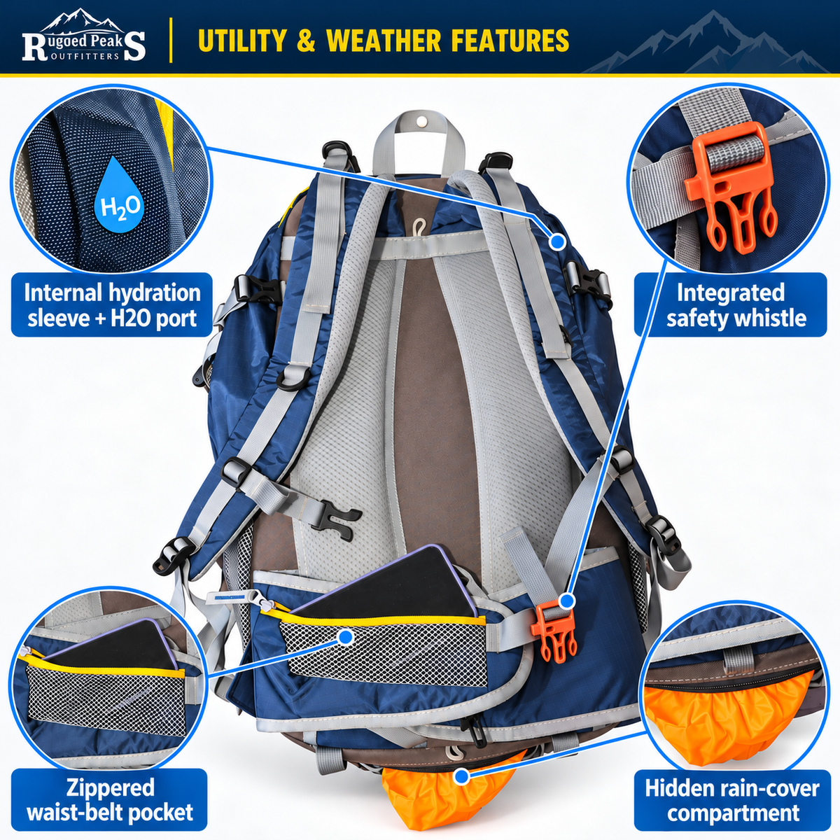 Weather and utility features of the Rugged Peaks 45L backpack including the pull-out rain cover